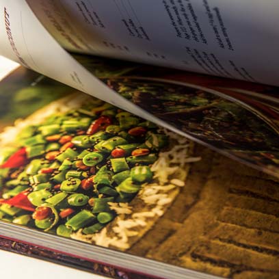 Closeup of the green beans with coconut recipe page spread.