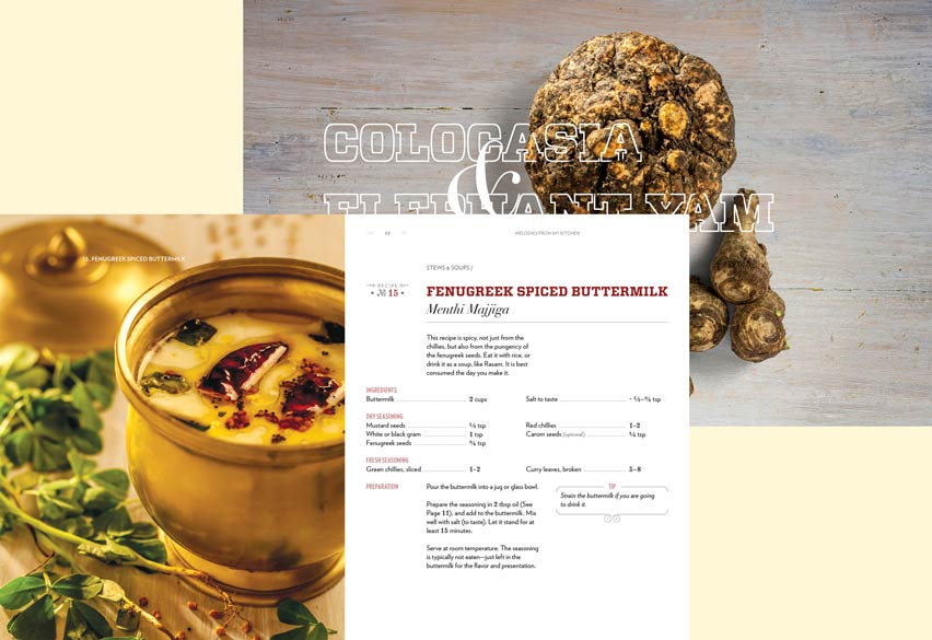 Collage of a vegetable category spread and a recipe spread pages.