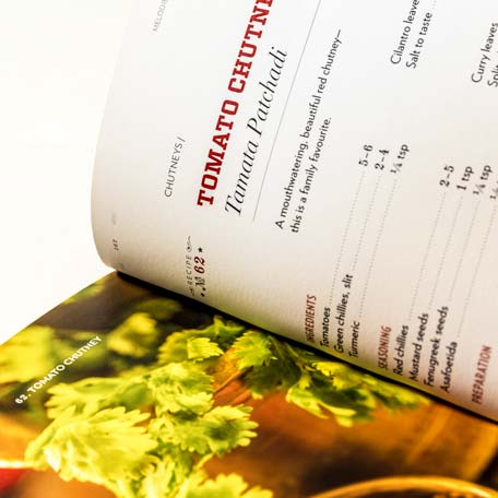 Closeup of the tomato chutney recipe page spread.
